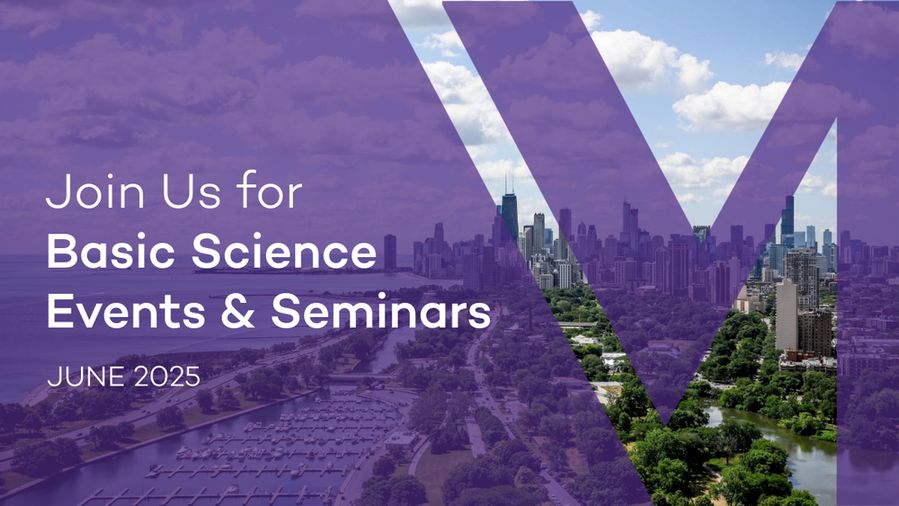 Promotional graphic for "Basic Science Events & Seminars – June 2025." The text is overlaid on a purple-tinted image of the Chicago skyline and lakefront, with a large transparent Northwestern Medicine symbol integrated into the design.