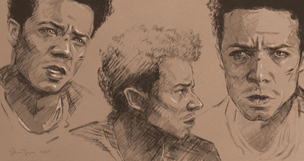 three sepia toned digital sketches on one canvas of jacob anderson as louis de pointe du lac from screencaps from the scene in 2x01 where he gives his speech to claudia in the wagon