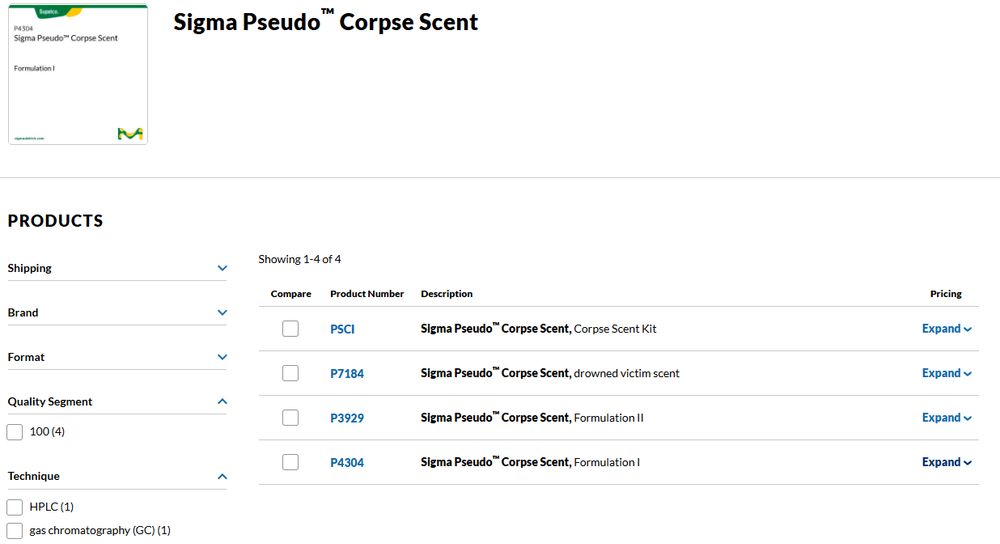 a website selling four different kinds of corpse scent