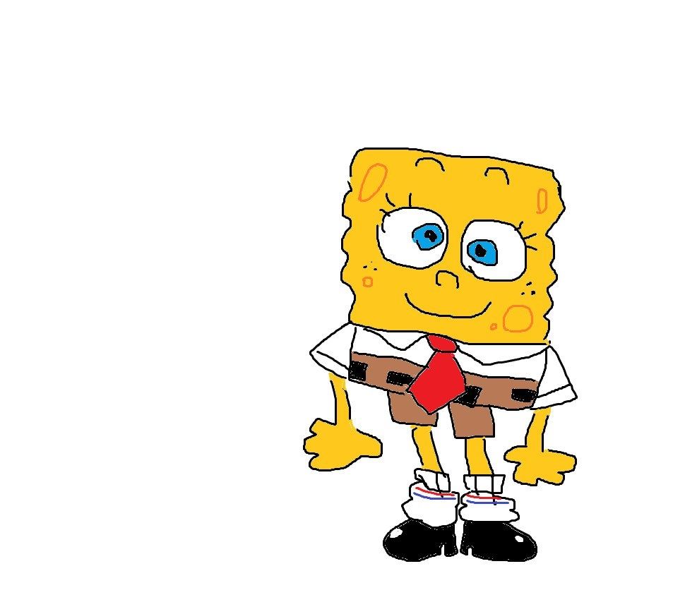 an art of spongebob, drawn with a mouse in mspaint (not the windows 11 version). he's just standing here in the void smiling. he's happy