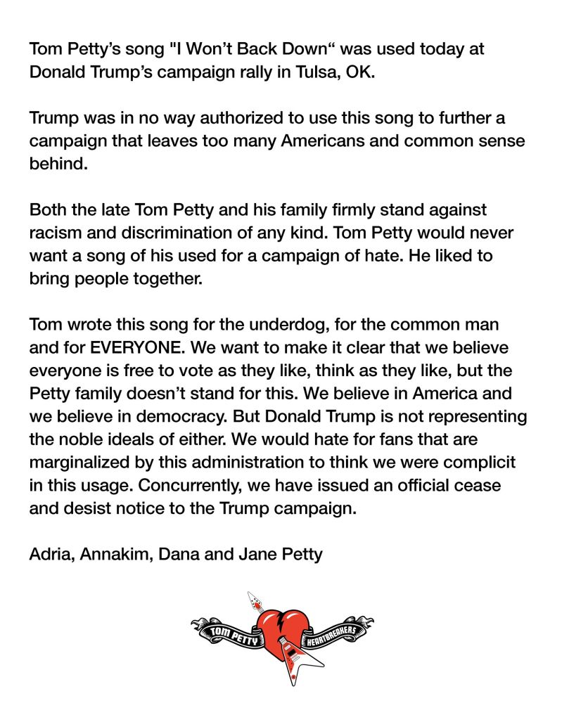 Tom Petty family cease and desist to Trump's use of 
