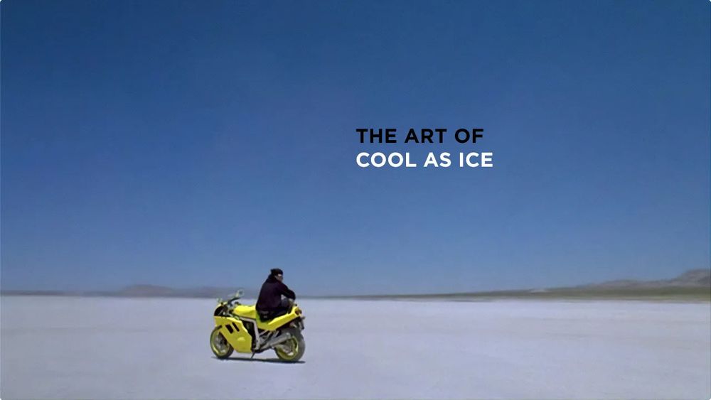 Image of a desert with a man sitting on a motorcycle. Title of the image "The Art of Cool as Ice"
