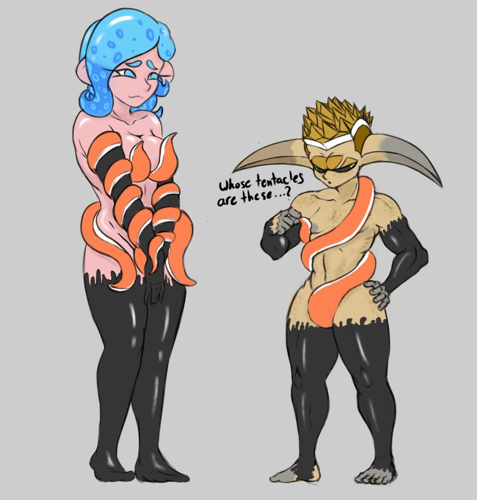 Kairy and Durian wearing disembodied tentacles from a funny art prompt.