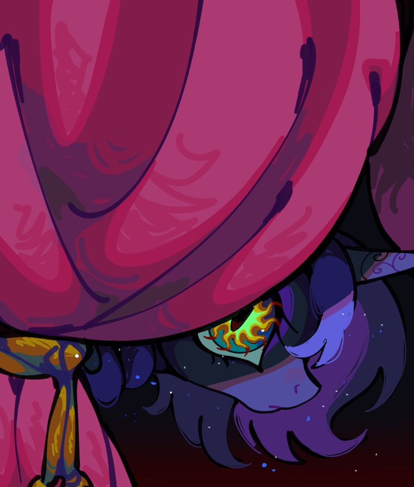 princess luna, from my little pony, staring behind courtains, expressionless.

she is covered in shadow. her eye, partially hidden, reflects a golden sun, which reaches out of its boundaries.

there are dust particles floating around her.