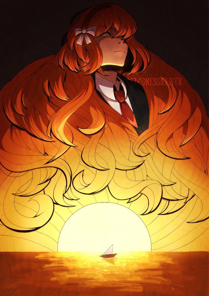 A fanart of Ishmael from Limbus Company, with her hair gradually transitioning into a sunset with a sea and small boat accompanying it. 