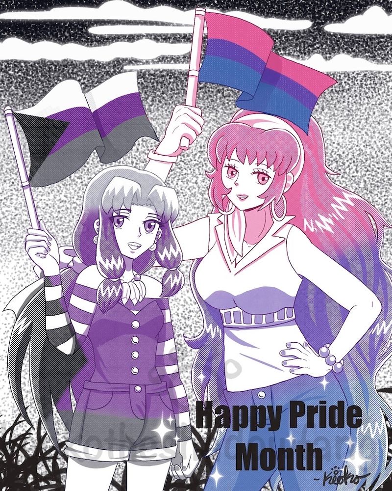 Here we have Kikyo and Loreley holding a demisexual and bisexual flag respectively!
