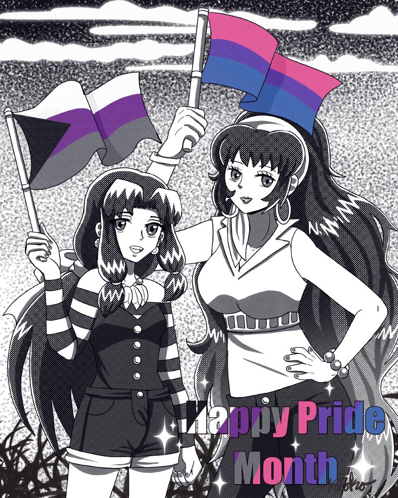 Here we have Kikyo and Loreley holding a demisexual and bisexual flag respectively!