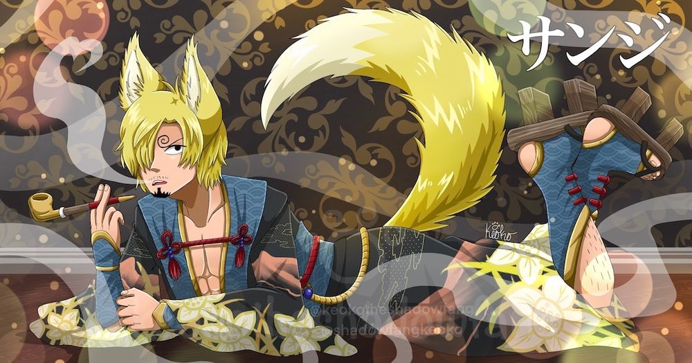 Sanji from One piece is dressed in a traditional outfit and has kitsune ears and tail. He is laying on the floor and smoking from a pipe