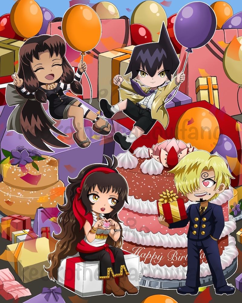 Sanji presents Loreley with a gift, while Kikyo and Ren are riding on balloons
