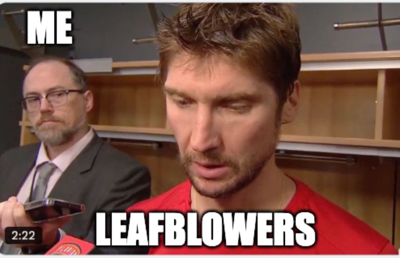 A picture of Joe Yerdon staring menacingly at Sergei Bobrovsky with the words "Me" under Joe and "Leafblowers" under Sergei