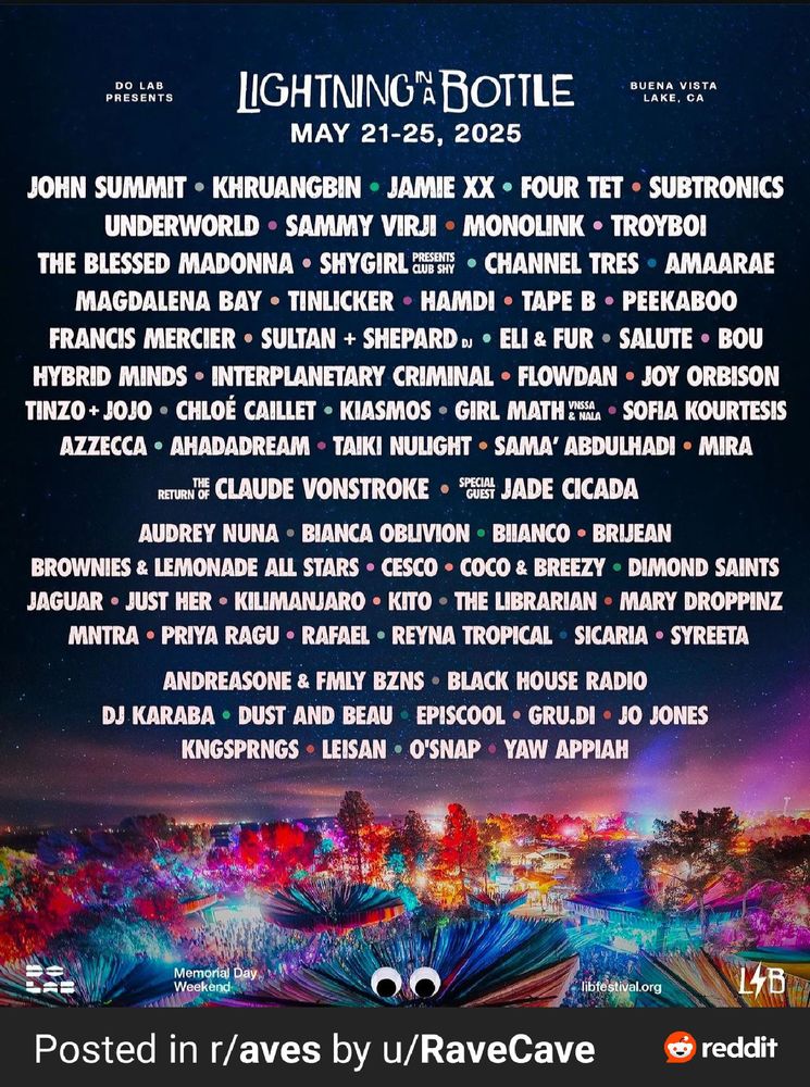 Cartel del festival Lightning Bottle que se celebra a finales de mayo de 2025 en California. Salen nombres como Jamie XX, Four Yet, Shygirl, Underworld o Channel Tres.