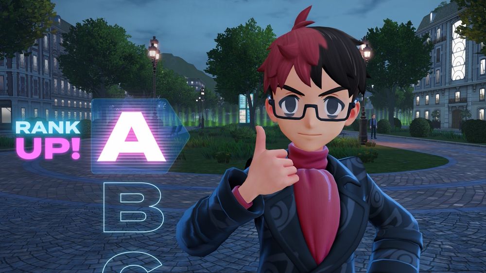A screenshot from Pokemon Legends ZA. A male character is giving a thumbs up in front of a city street at night. To his left is text: Rank Up! A. Underneath the A is a B and a C and continues off screen all the way to Z. 
