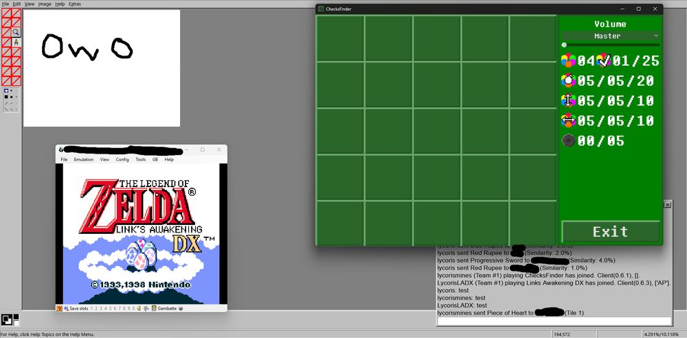 a windows screenshot. There are four different windows: a randomized version of the game boy game Legend of Zelda: Links Awakening DX. There is also a game called ChecksFinder (which is MineSweeper). There is also a window showing different randomizer unlocks being sent between games. All of these is over an MS Paint window with a small canvas that has a OwO drawn on it in black. 