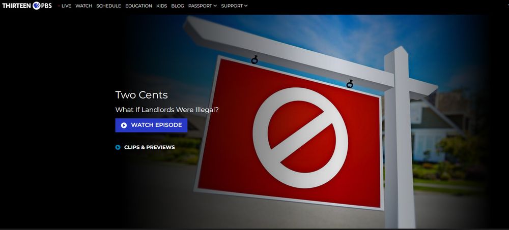 A screenshot of the PBS streaming service for a show called "Two Cents". The episode is titled "what if landlords were illegal". 