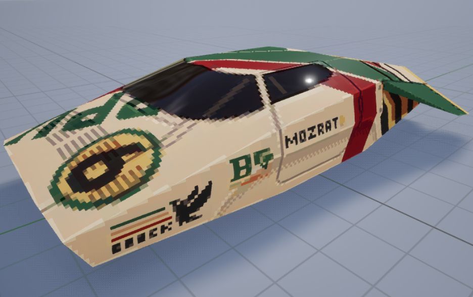 A sharp looking anti-gravity racer in white, green, red, and yellow.