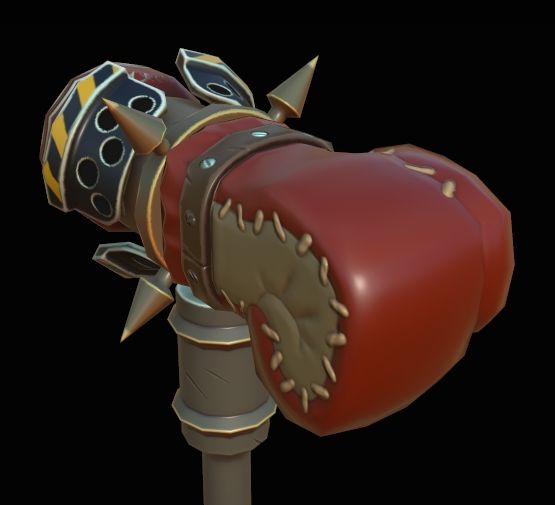 A rocket-powered-boxing-glove-war-hammer.  The glove is red and tan, while the rocket has yellow caution striping on black manifolds with a red thruster.