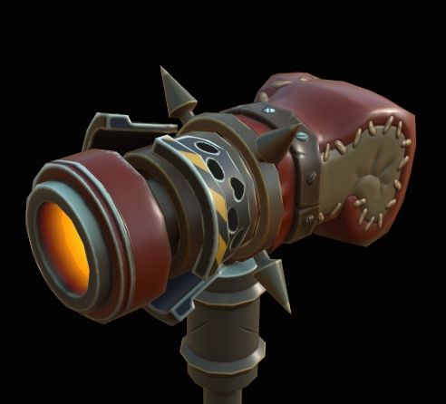 A rocket-powered-boxing-glove-war-hammer.  The glove is red and tan, while the rocket has yellow caution striping on black manifolds with a red thruster. The rocket end glows a hot red-orange.