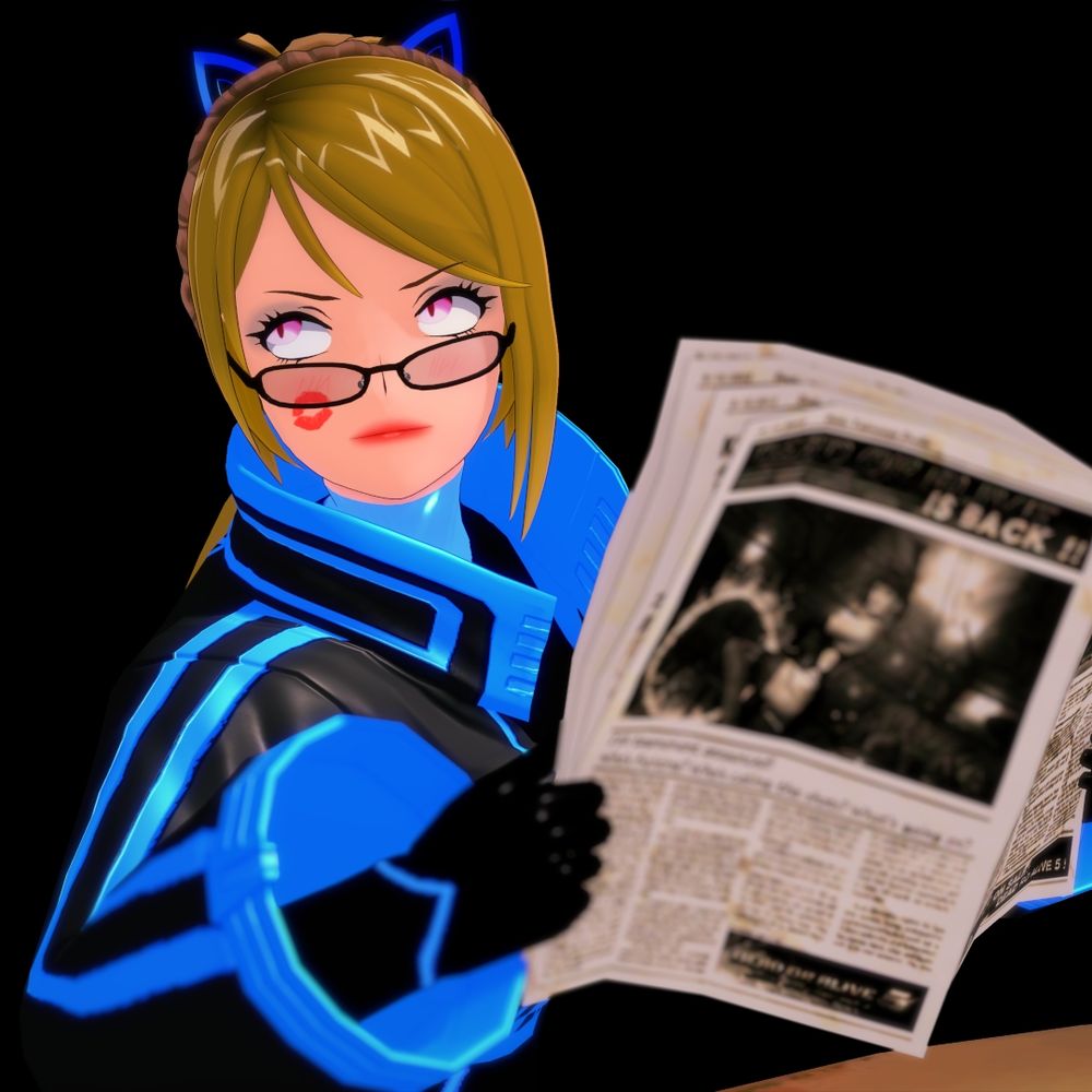 Briley, with glasses that are sagging, is looking up from the newspaper she is reading with a grumpy expression