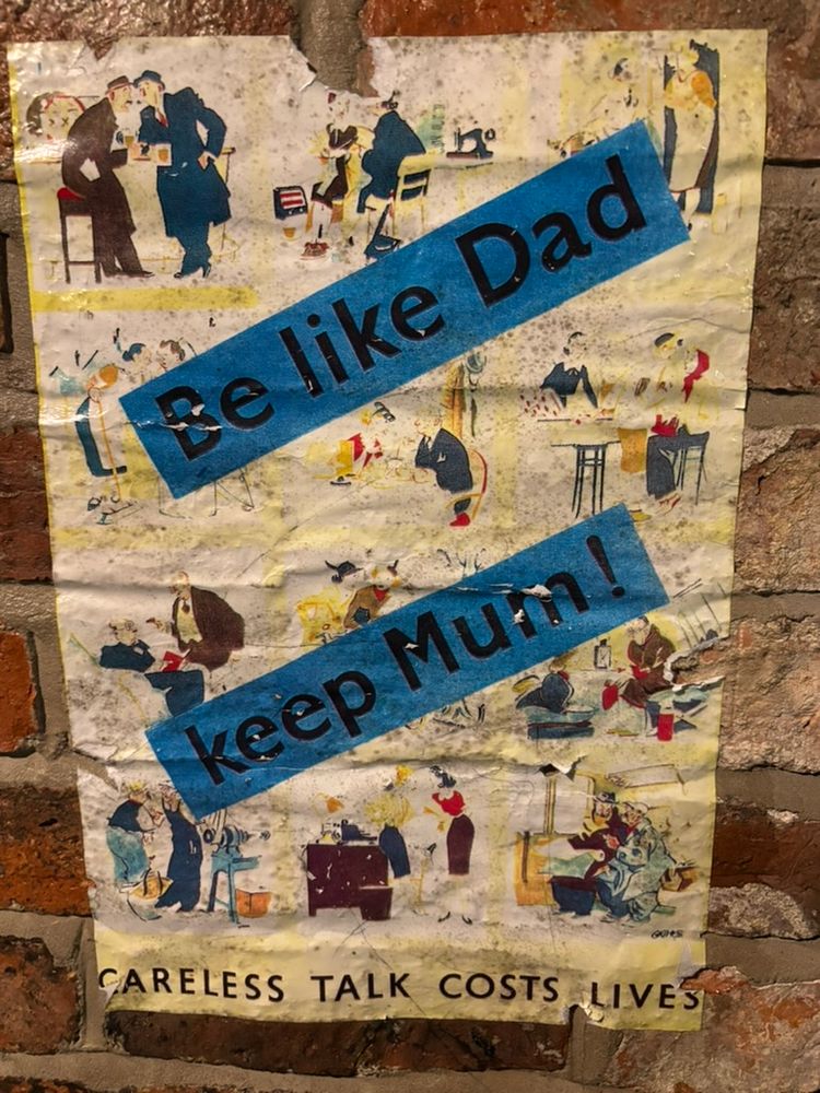 WW2 poster titled By Like Dad Keep Mum. background is drawings of people talking.