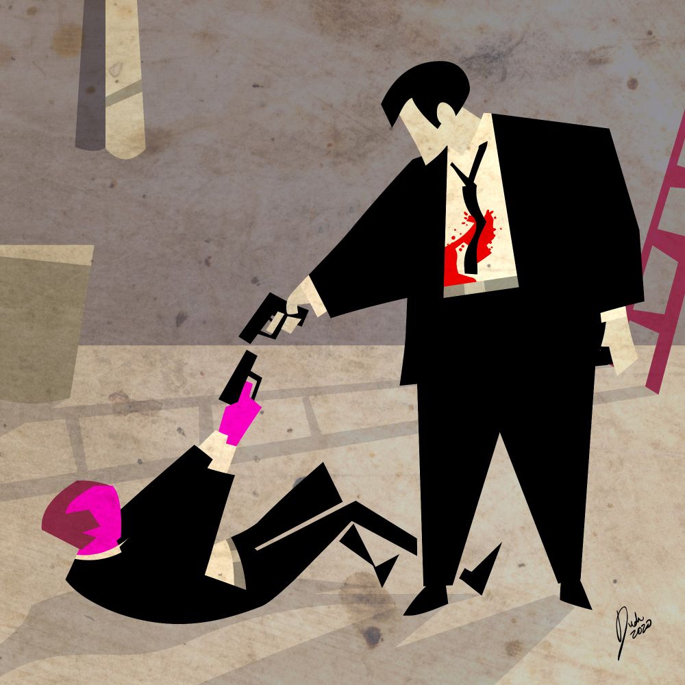 Famosa cena de Cães de Aluguel do duelo com ambos apontando suas respectivas armas. Mr. White (em pé à direita) e Mr. Pink (deitado à esquerda). Ilustração em estilo minimalista em tons terrosos, Mr. Pink tem a pele pintada de rosa e Mr. White a pele pintada de branco.