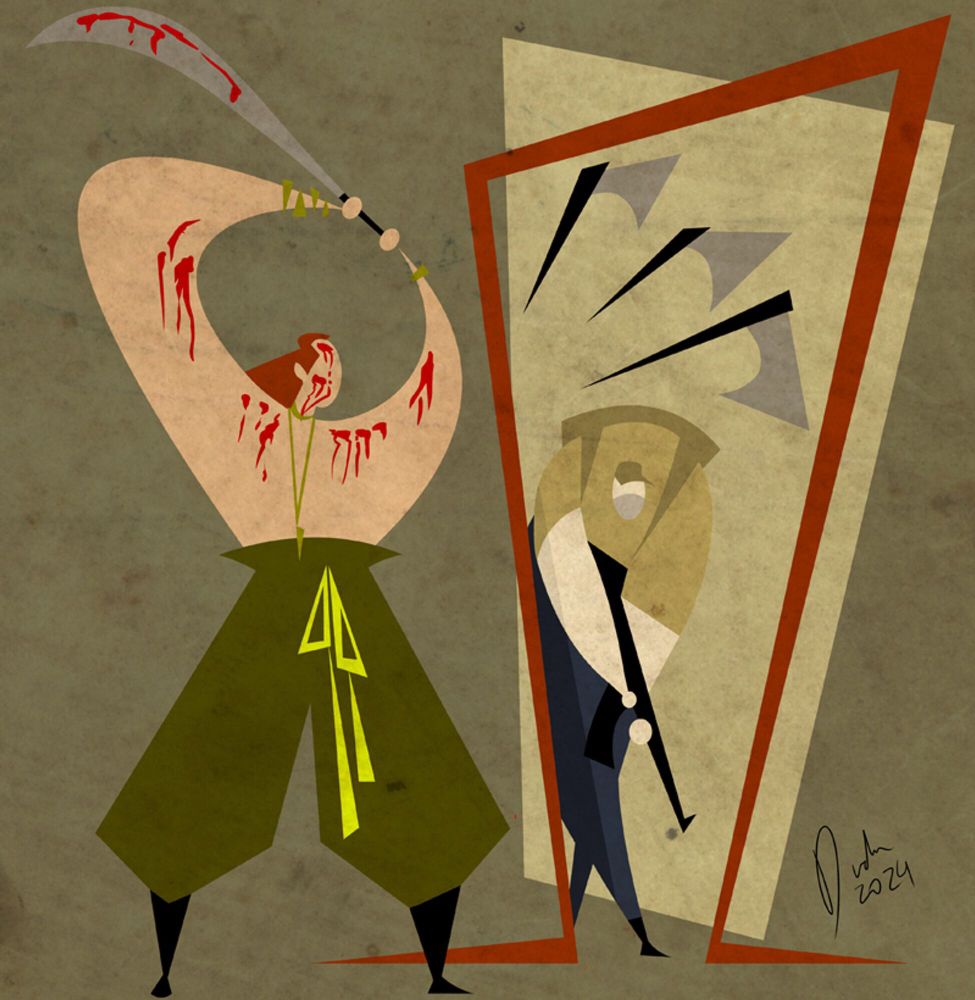 Cena do filme Bacurau em ilustração minimalista: Personagem Lunga, de calças largas verde musgo, sem camisa, ensanguentado, empunhando o facão sobre a cabeça. Ele aguarda, encostado na parede, o caçador estadounidense armado de fuzil passar pela porta. Arte em tons terrosos.