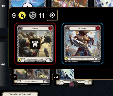 A pic of Talishar. A dominated Disable is being swung for 9, and is blocked by a Pec Perfect that is blocking for 11 due to 2 Seismic Shelters and 4 Seismic Surges being on board.