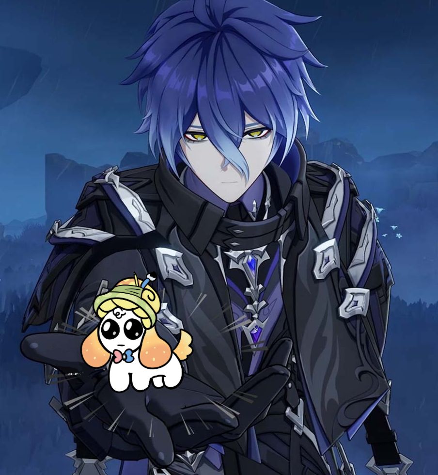 Flins from Genshin Impact offering a mushroom dog creature to the viewer.