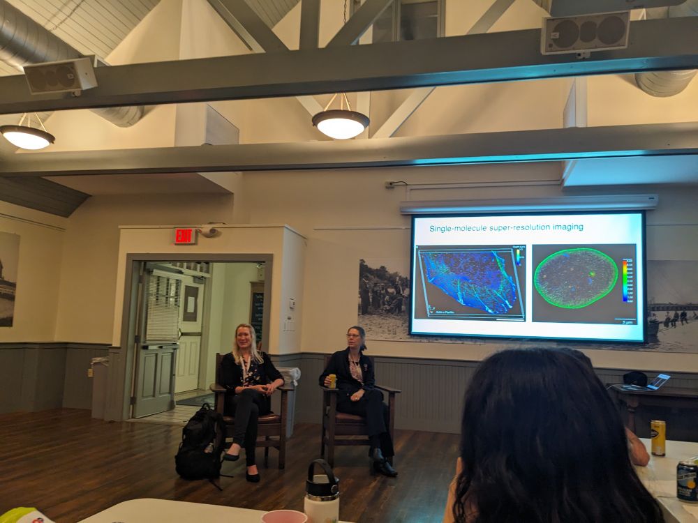 Two women sit in large wooden arm chairs worn leather cushions in a high ceiling room. To the right a projector screen shows multicolor images of cells.