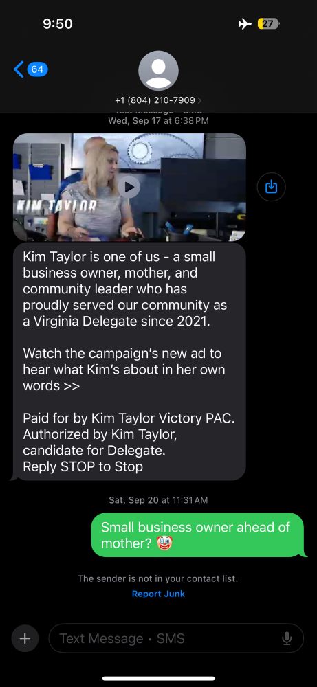 A screenshot of a text from a right wing political candidate.
