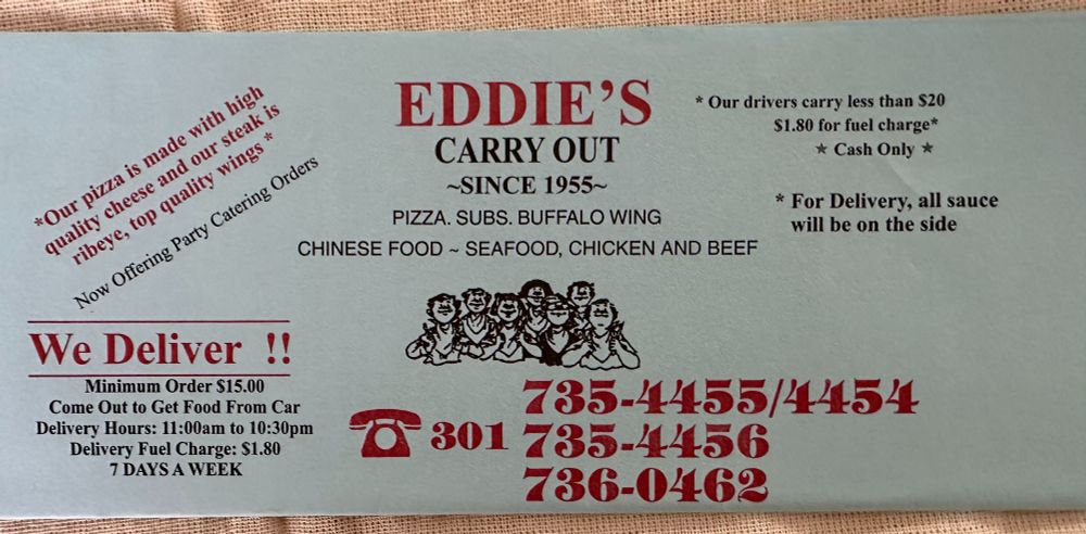 A light blue Chinese carryout menue from P.G. County Md.