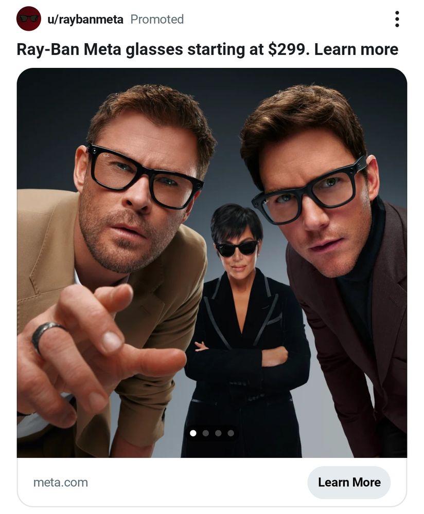 An ad for rayban meta glasses with some celebrities looming over and peering into the camera