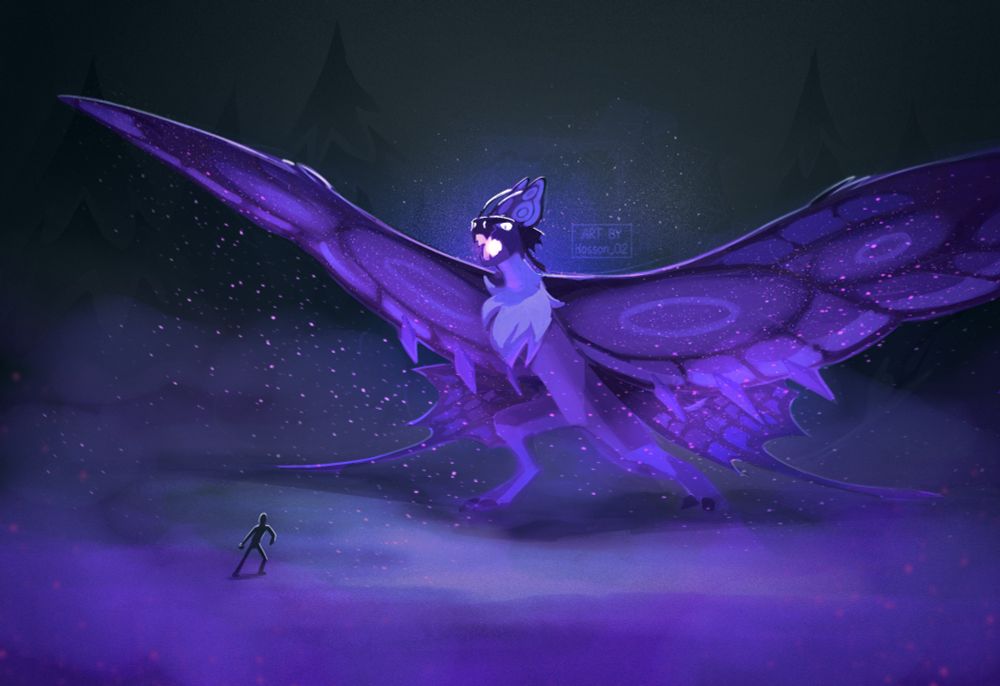 Darkness, middle of a forest. A huge dragon-like pokemon with butterfly wings is showing its hostility towards a human (who looks comparably tiny).
There's sparkles everywhere and the dragon is very purple.