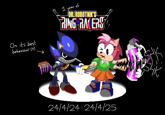 An image of the characters Metal Sonic and Amy Rose standing in a black void, in a spotlight in the shape of a keyhole. They are in the style of Dr. Robotnik's Ring Racers, which this is an anniversary image for; it says "1 year of Ring Racers" at the top and "24/4/24 - 24/4/25" at the bottom.

Amy Rose has a goofy look of concentration on her face while shaking a magenta Spray Can in a blur with one hand (with SHK SHK onomatepeia) and holding Metal's wrist up with the other. She has attempted to give the robot nail paint, which has turned out particularly messy on the other hand.

It is unclear whether Metal Sonic is furious, pleased, or embarassed by these shenanigans, because its facial expression is permanently in a scowl. All we can see externally is that Metal is looking at the camera and lifting up their (poorly) painted nails closer to it, and that there are droplets on the side of its head which resemble sweat (except they are also magenta). It, against all odds, seems to be on its best behaviour(?)