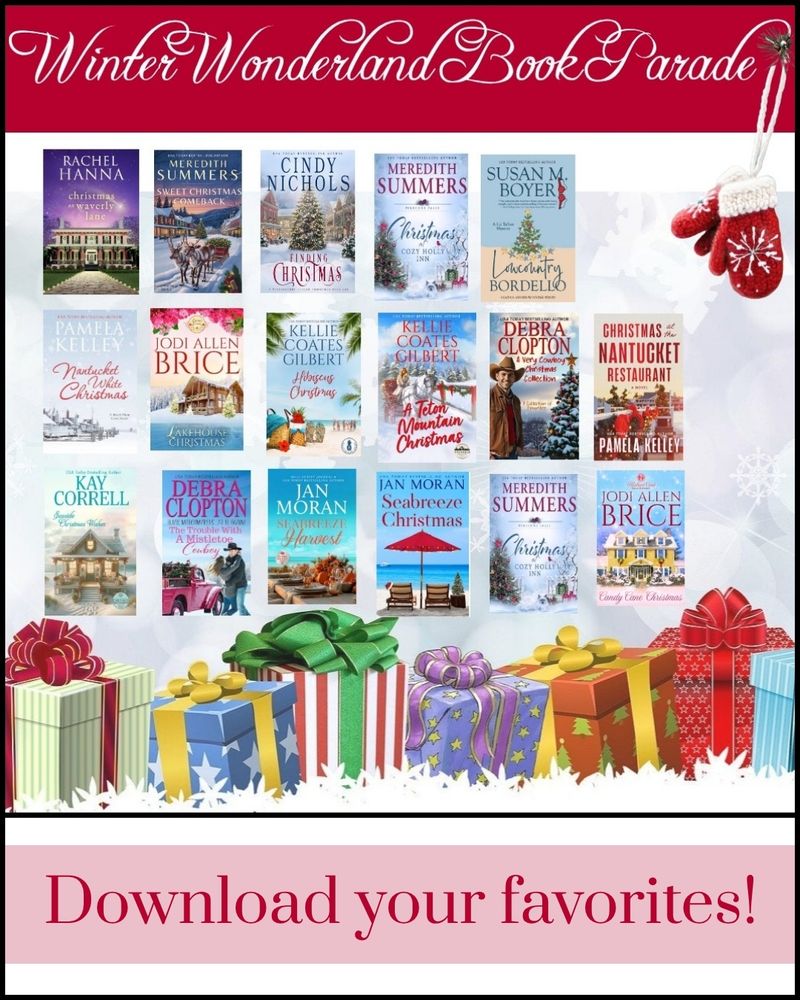 Image of 17 bestselling seasonal holiday and Christmas romance books from clean and wholesome writers Rachel Hanna, Jan Moran, Kelly Caotes Gilbert, Jodi Allen Brice, Debra Clopton, Kay Correll, Pamela Kelley, Meredith Summers, Cindy Nichols, Susan Boyer. Book covers features cozy winter cottages, harvest tables, Christmas trees, reindeer, horses, snow, and Christmas lights. Tropes include sweet romance, family sagas, holiday and Christmas, single women, and later in life romance.