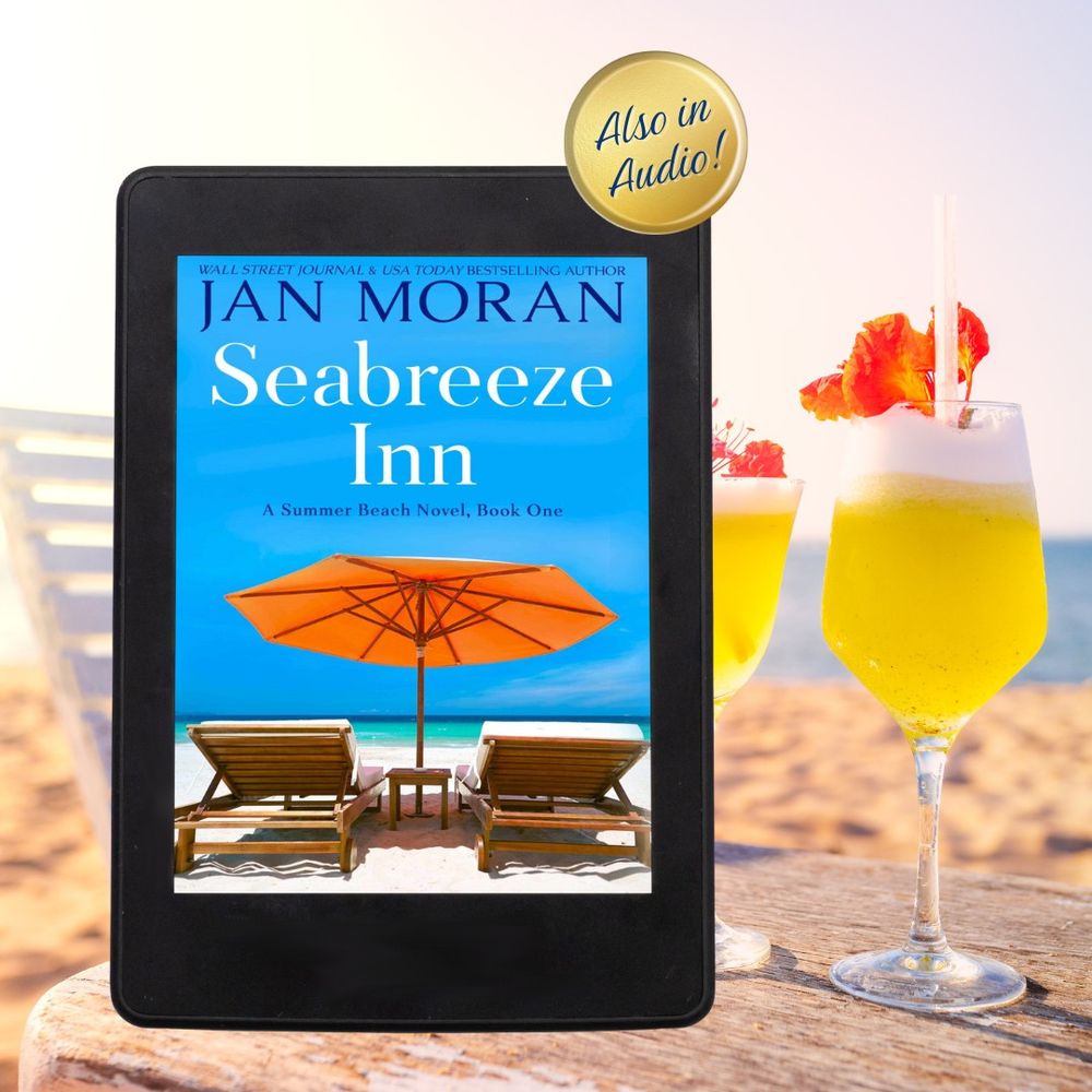 Seabreeze Inn by Jan Moran ebook cover with "also in audiobook" note. Served on the beach with a chilled cocktail :)