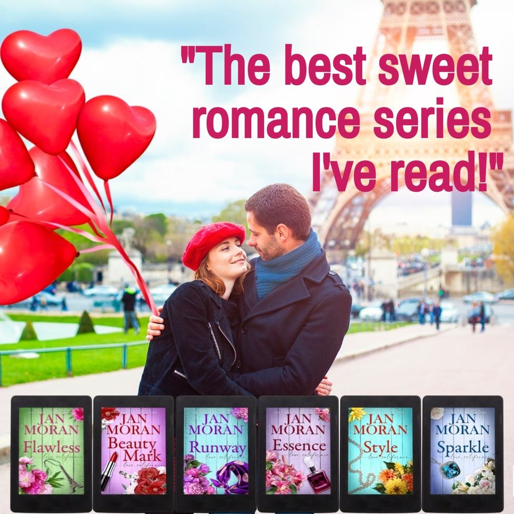Couple in Paris embracing before the Eiffel Tower with red heart balloons. Includes a book series from author Jan Moran with Flawless, the first ebook in the series free. Series of six covers shown in ebooks; also in audiobook and paperback. 