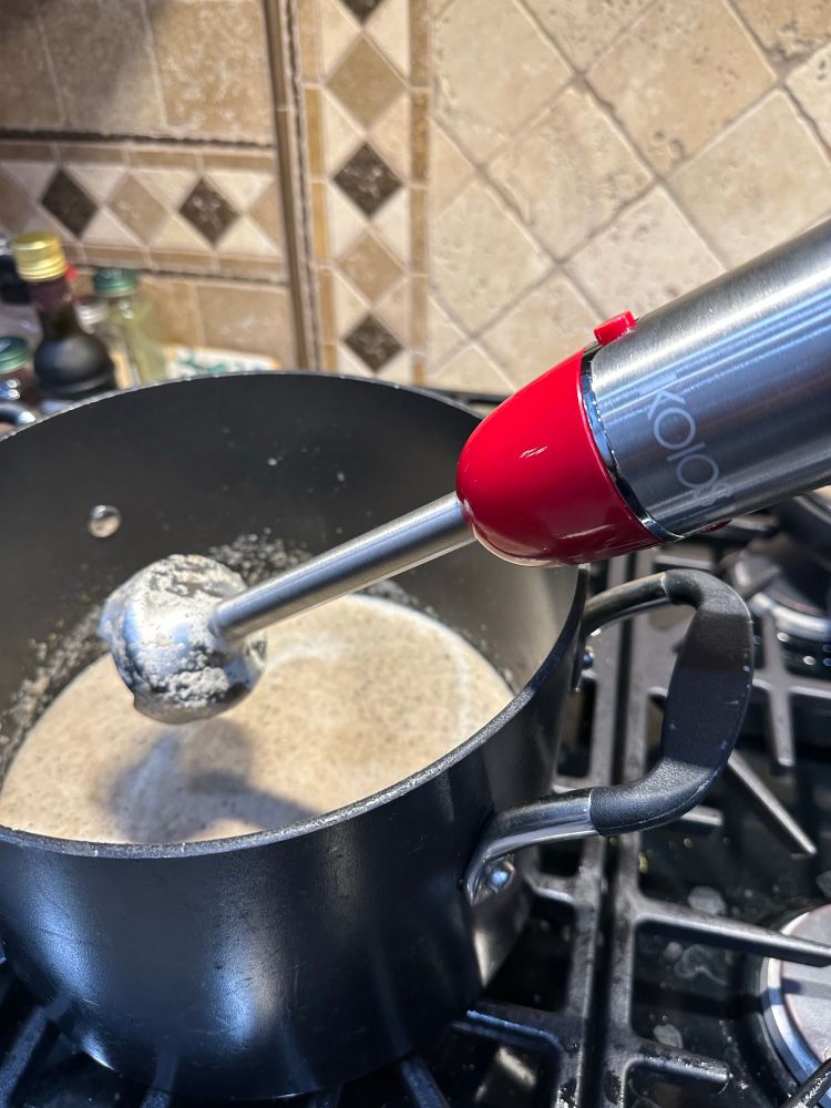 Homemade mushroom soup made with an immersion blender