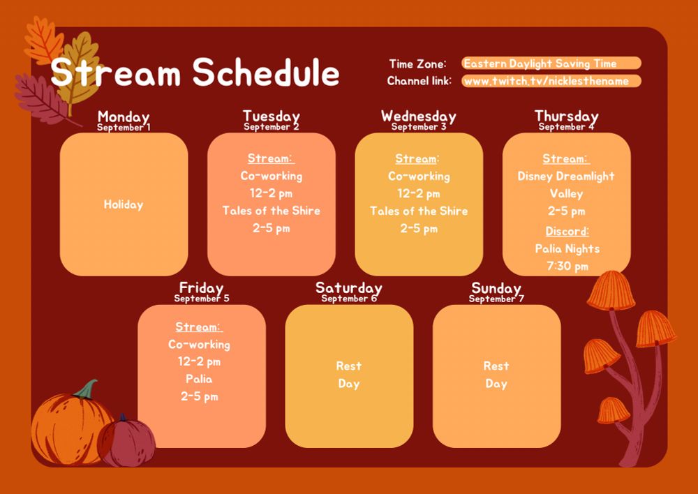 A schedule of streams and discord events for Sept 1-7