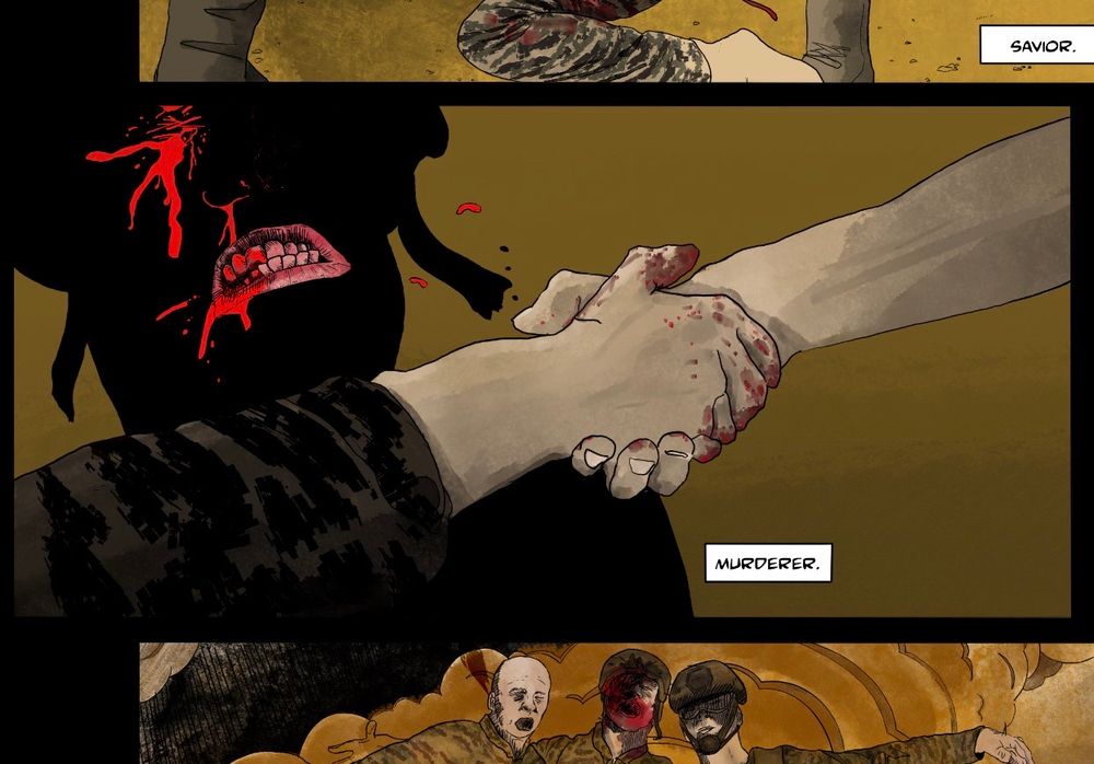A shade of a man , in front of him two hands to give support, while expressing excruciating pain