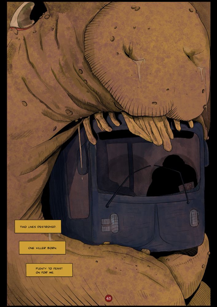 A pig’s mouth wide open with a bus coming out of it
