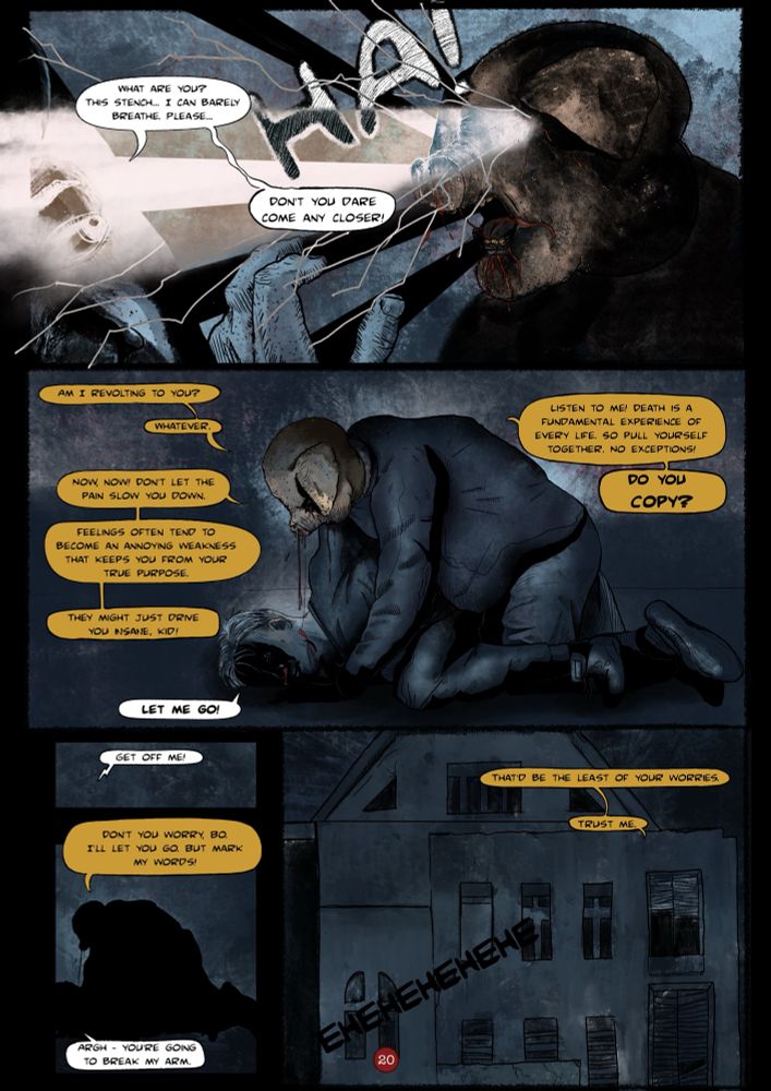 A page of horror graphic novel Ratking, depicting the attack of a swine headed figure and an intense monologue taking place in a dark environment 