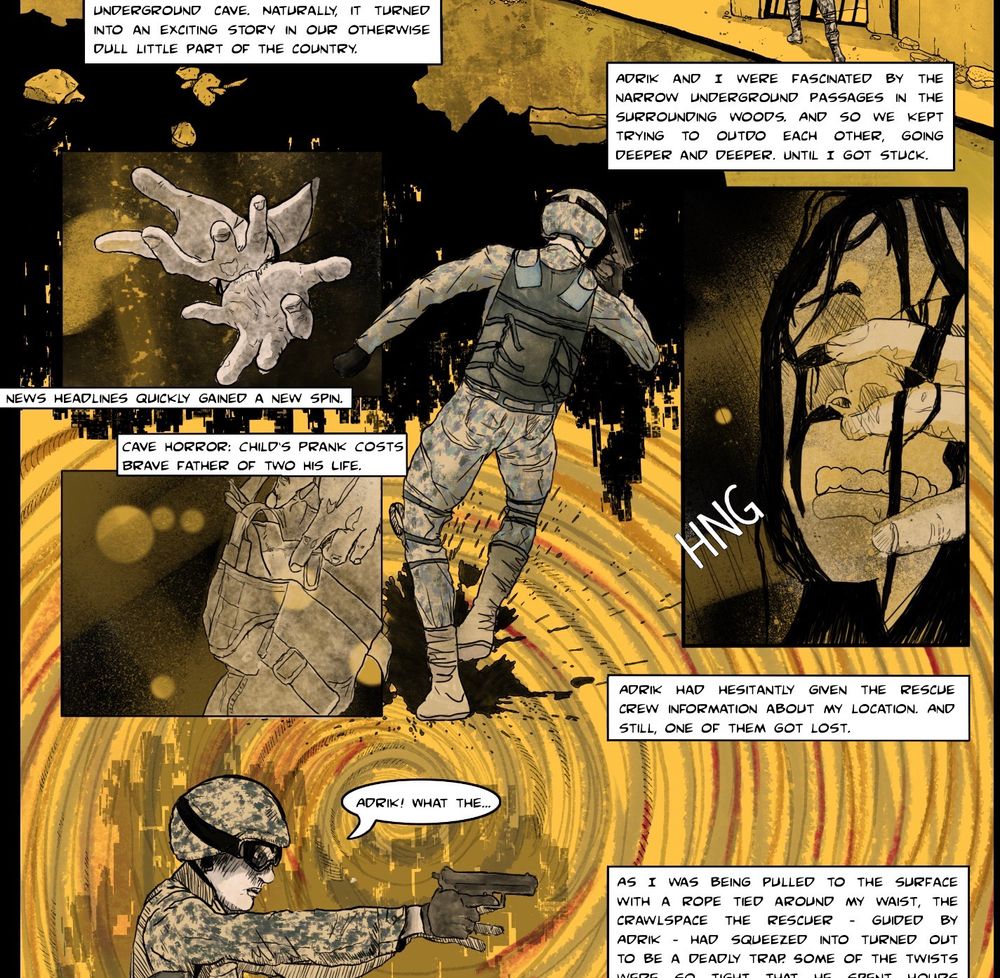 Panel exerpt from graphic novel RATKING, showing soldiers in a dramatic hostage situation 