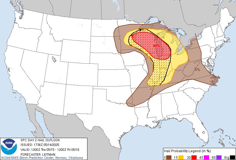 Storm Prediction Center graphics showing a 30% risk of severe jso; across the eastern Minneapolis/St. Paul metro into western WI and a hatched area across the entire metro and western WI for possible hail larger than 2 inches in diameter.
