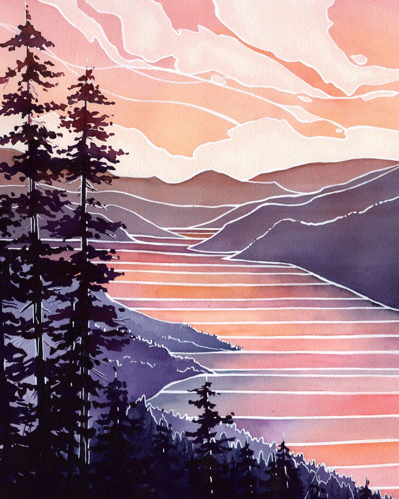 An extremely stylized watercolor painting in purples and oranges of Lake Okanagan from the Spion Kop hike in Lake Country BC.