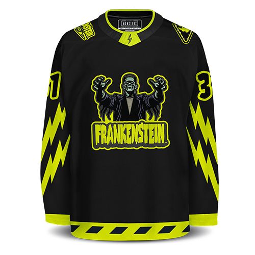 Black and acid green hockey jersey by Geeky Jerseys featuring Frankenstein logo and an image of the Frankenstein monster as seen in the Universal horror movies. The jersey has the number 31 for the release of the original movie.