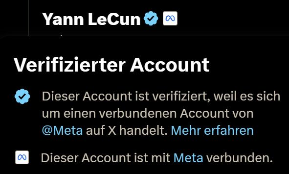 Screenshot eines Twitter Accounts mit Unterschrift: "Dieser Account ist verifiziert, weil es sich um einen verbundenen Account von @Meta auf X handelt."