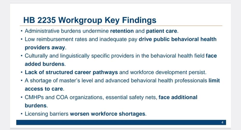 HB 2235 Workgroup Key Findings
• Administrative burdens undermine retention and patient care.
• Low reimbursement rates and inadequate pay drive public behavioral health 
providers away.
• Culturally and linguistically specific providers in the behavioral health field face 
added burdens.
• Lack of structured career pathways and workforce development persist.
• A shortage of master’s level and advanced behavioral health professionals limit 
access to care.
• CMHPs and COA organizations, essential safety nets, face additional 
burdens.
• Licensing barriers worsen workforce shortages.