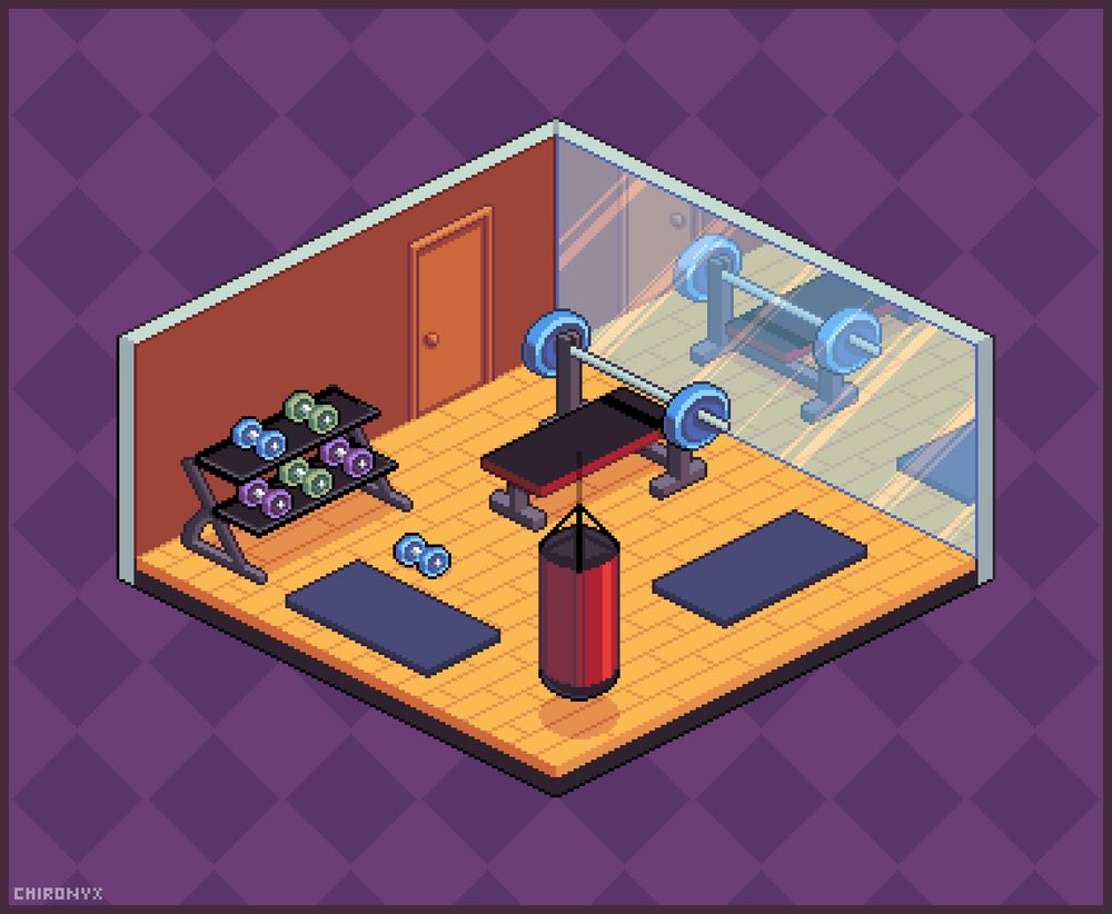 An isometric pixel-art gym containing a dumbbell rack, a punching bag and a power lifting bench, which is also reflected isometrically in a mirror.