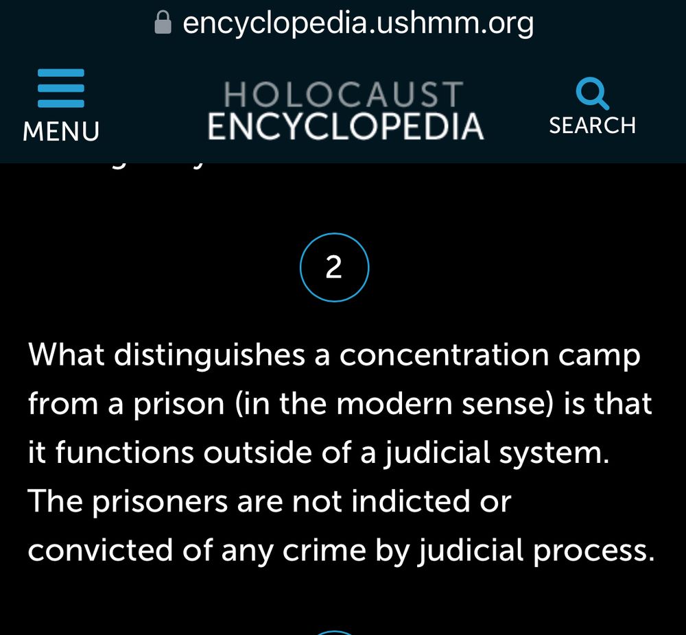 What distinguishes a concentration camp from a prison (in the modern sense) is that it functions outside the judicial system. The prisoners are not indicted or convicted of any crime by judicial processes. From the US Holocaust Memorial Museum 