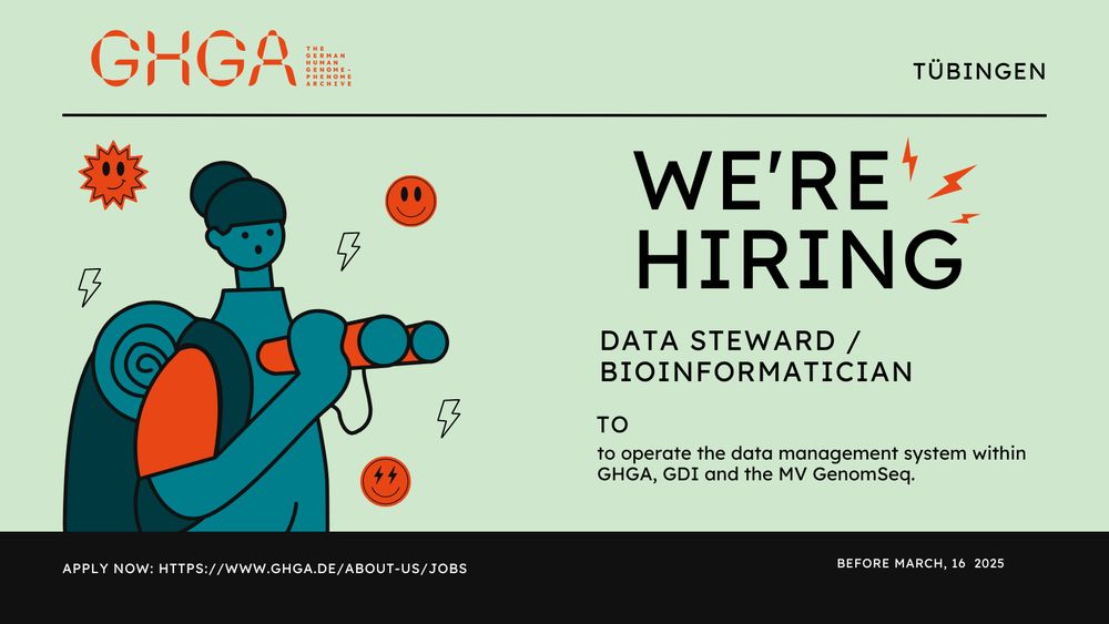 Picture saying We (GHGA) are hiring: a data steward/ bioinformatician in Tübingen